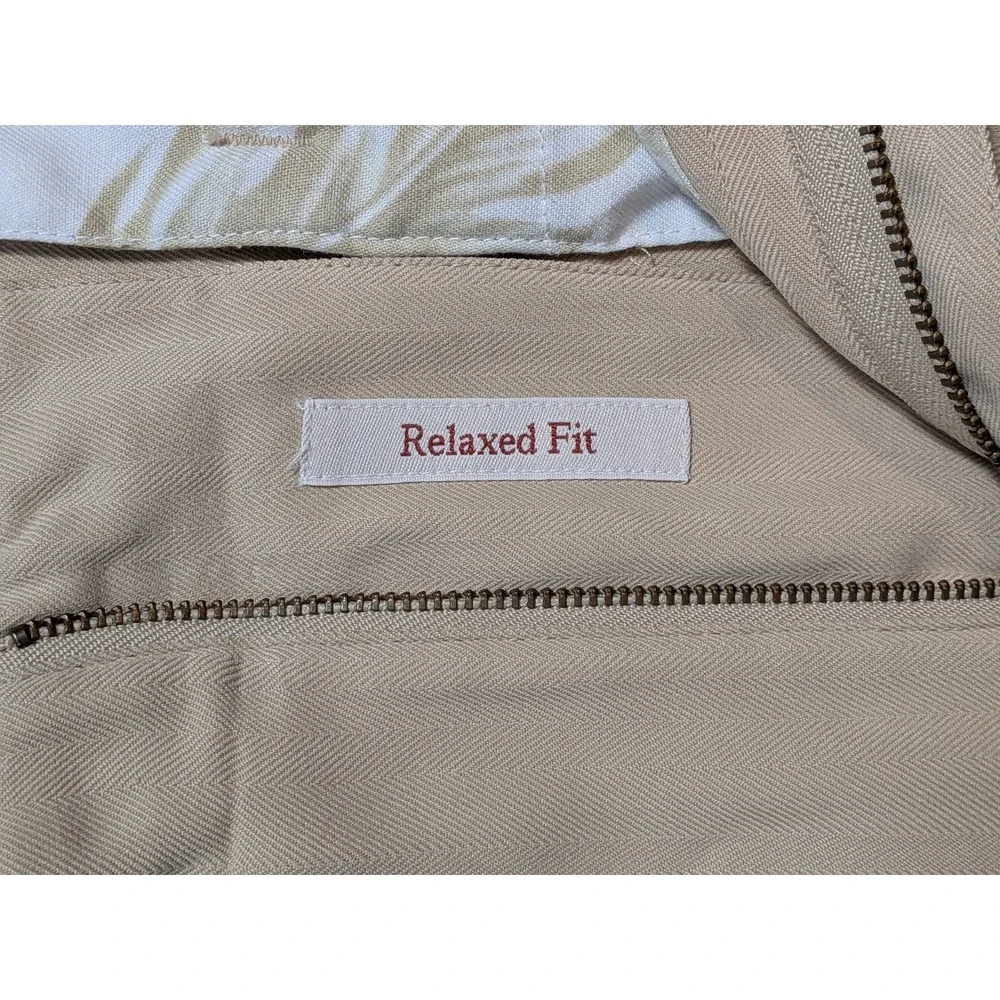 Roundtree & Yorke Caribbean Mens Pants Tan 34x29 100% Silk Herringbone Relaxed